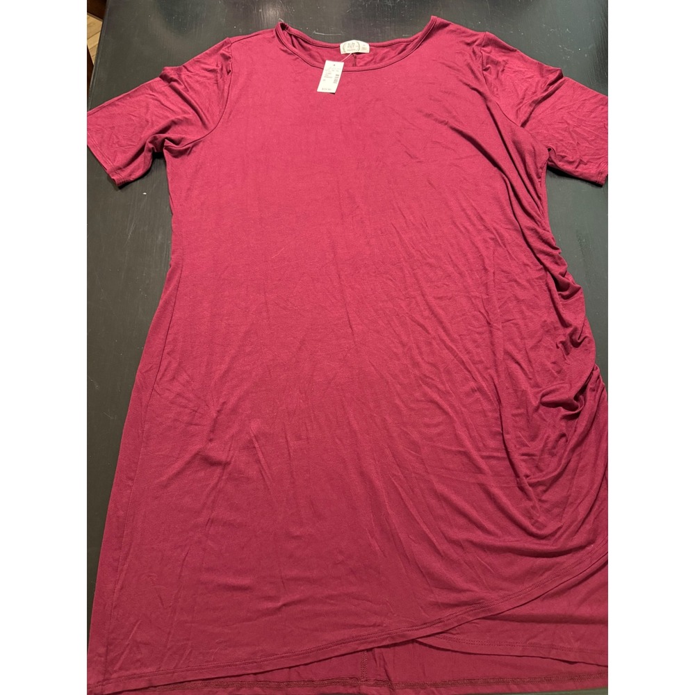 Maurices 24/7 Womens 3X Burgundy Short Sleeve Tulip Hem Ruched T-Shirt Dress NWT